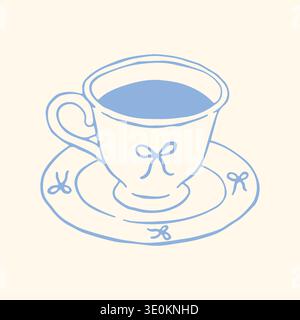 Hand drawn vector illustration of a dainty blue teacup and saucer decorated with cute bows. Elegant coquette aesthetic line art in pastel colors for Stock Vector
