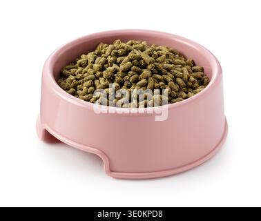 Rabbit food pellets in a pink plastic pet bowl isolated on white background Stock Photo