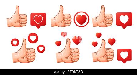 Social media like, hand thumb up, red heart. Good choice positive online feedback reaction. Follow community. Love romance emotion. OK web sign vector Stock Vector