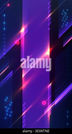 Futuristic abstract background with neon pink and blue geometric shapes and glowing light streaks on dark purple for sci fi technology and digital cyb Stock Vector