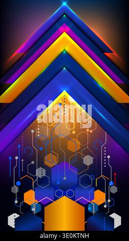 Futuristic abstract background with glowing neon arrows and blue orange hexagons, high tech digital circuit patterns and vibrant light effects for mod Stock Vector