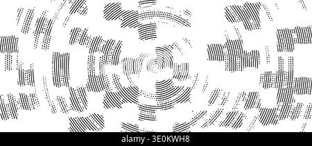 Abstract radial pixelated halftone pattern. Circular pixel explosion background. Rotating scattered dotted texture overlay bg. Vector radial spinning backdrop. Fading square fragment wallpaper Stock Vector