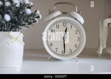 Clock on a shelf with plant decoration and figurine Stock Photo