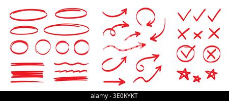 Hand drawn pen line highlight red set. Line red hand drawn pen marker stroke underline, arrow, check mark emphasis. Round oval, circle scribble frame, arrow elements . Vector illustration Stock Vector