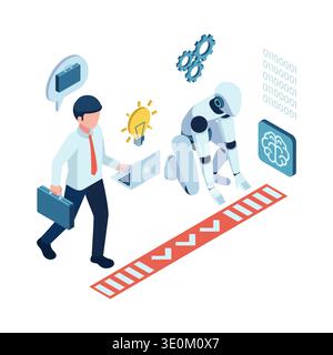 Isometric Human vs Robot Competing for Jobs. AI vs Human Job Competition Concept Stock Vector