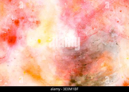 Abstract art watercolor background with fluid pink yellow splatters and copy space Stock Photo