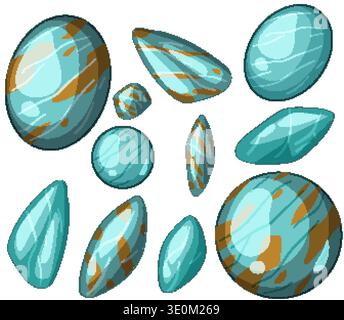 Glossy turquoise gemstones with brown streaks, stylized vector art, white background, varied shapes Stock Vector