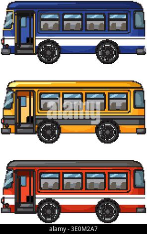 Three colorful city buses in flat side view, detailed windows, doors, and wheels Stock Vector