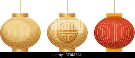 Three hanging paper lanterns with gold accents and traditional patterns on a white background Stock Vector