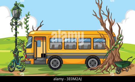 Yellow school bus stands abandoned among twisted trees, vines, bicycle, and wheelbarrow, cartoon style Stock Vector