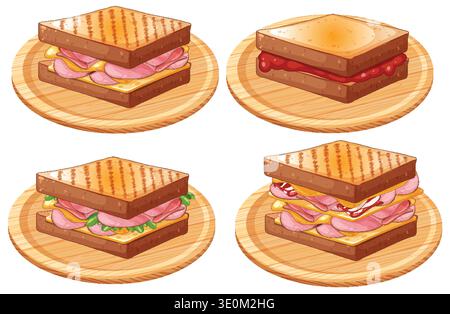 Vector illustration of four grilled sandwiches with various fillings on round wooden plates Stock Vector