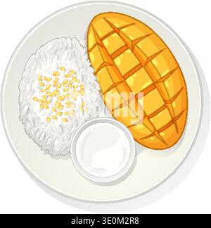Vector illustration of sliced mango, sticky rice, and coconut milk in clean, flat style Stock Vector