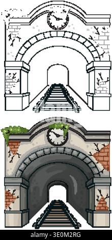 Vector illustration of decaying railway tunnel entrance with broken clock, cracked bricks, and overgrown plants Stock Vector