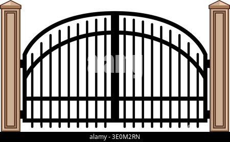 Ornate iron gate with decorative pillars creating property entrance Stock Vector