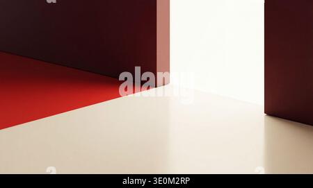 A striking abstract geometric composition showcasing vibrant red and subtle off-white surfaces meeting at sharp angles. Stock Photo