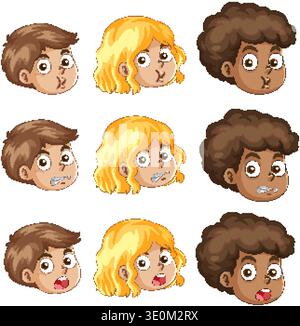 Vector illustration of diverse children's heads showing various facial expressions on a white background Stock Vector
