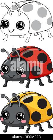 Three adorable ladybug illustrations including colored and line art versions on a white background Stock Vector