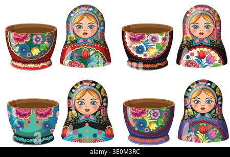 Vector illustration of traditional Russian matryoshka dolls split into halves with vibrant floral designs. Stock Vector