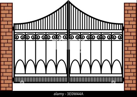 Ornate iron gate with brick pillars protecting entrance Stock Vector