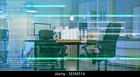 Double exposure of virtual screen with code and interior of office at night Stock Photo