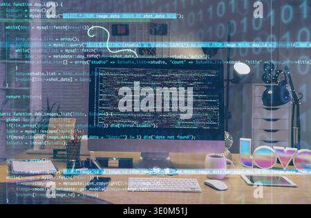 Double exposure of virtual screen with code and programmer's workplace in office at night Stock Photo