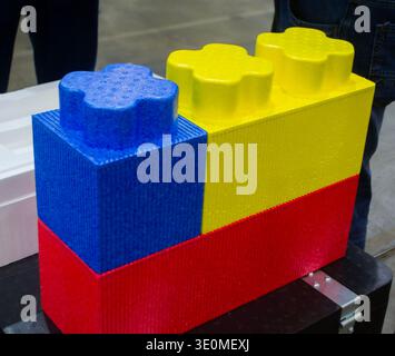 Large construction blocks from foam plastic from high-density polystyrene foam PPE. Children's construction from foam blocks. Model from dense lightweight material universal foam. Modern technologies Stock Photo