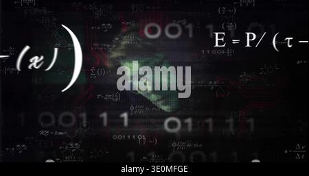 Floating green skull nebula sitting at center of dark digital scene, showing binary digits and math Stock Photo