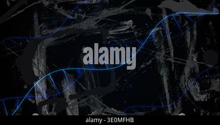 Showing glowing blue double helix spiraling in dark art, with particles and gray splatters Stock Photo