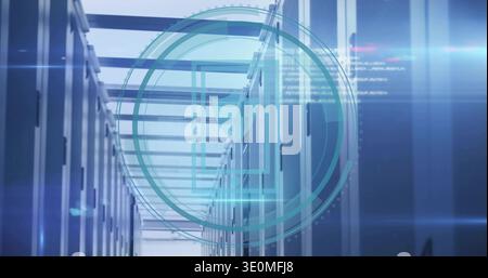 Displaying central server aisle in data center, showing HUD overlay, server racks and LED lights Stock Photo