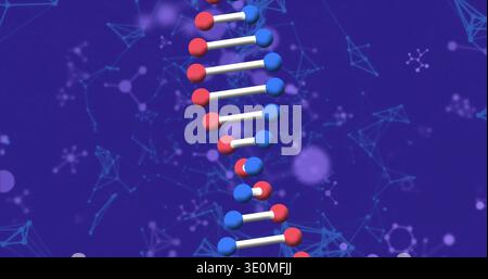 Displaying stylized DNA double helix twisting in digital biotech graphic, with molecular network Stock Photo