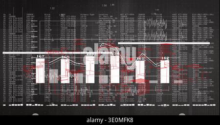 Displaying central bar-line chart on dark grid, showing vertical bars, line plot, numeric labels Stock Photo