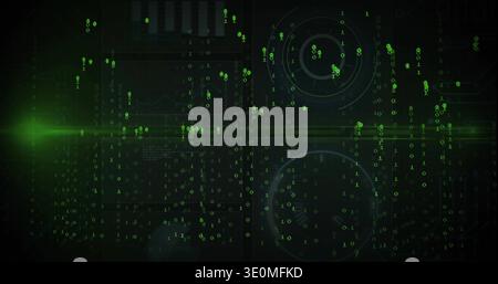 Displaying central digital HUD streaming over virtual interface, showing neon binary digits Stock Photo