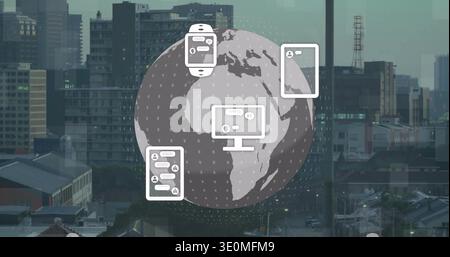 Overlaying centered semi-transparent globe graphic hovering over city skyline, showing device icons Stock Photo
