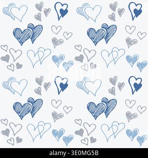 Seamless hand drawn heart pattern with navy blue light blue and gray hearts on Color of the Year 2026 Cloud Dancer background. Perfect for packaging t Stock Vector
