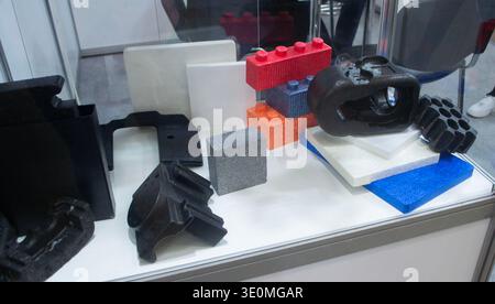 Products made from foamed polymers expanded polypropylene EPP and expanded polystyrene EPS. Model of dense and lightweight material, universal foam. New modern technologies. Industrial manufacturing Stock Photo