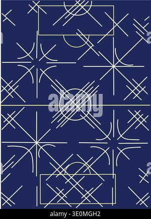 Abstract Geometric Soccer Pattern - Minimalist Football Pitch Lines in Navy and Silver. Stock Vector
