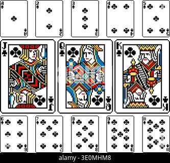 Pixel Art Playing Card Deck Clubs Cards Design Stock Vector