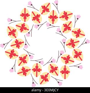 Circle Frame border with Easter Eggs ribbon bow and blossom twigs Minimalist Flat Copyspace Template. Vector illustration Easter Greetings or Social media post Thematic sample, leaflet, banner, label Stock Vector