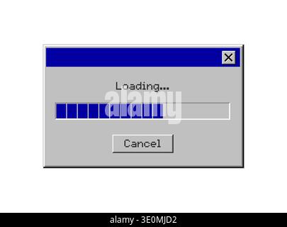 Retro download bar and alert window on computer monitor with loading message, classic old system user interface style featuring upload progress Stock Vector