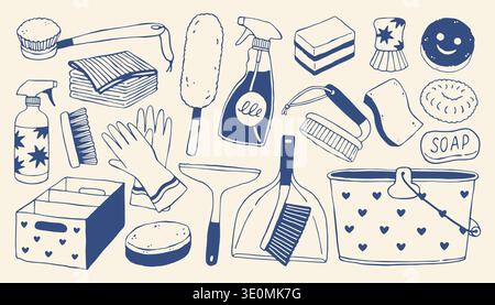 Hand drawn cleaning supplies set with brushes, spray bottle, gloves, bucket and sponge. Minimal Mediterranean blue line vector for housework Stock Vector