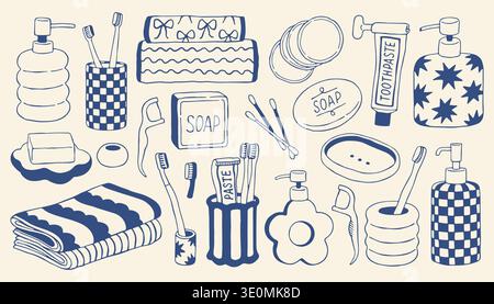 Hand drawn bathroom collection in Mediterranean style. Soap, toothbrush, toothpaste, dispenser and towels. Minimal blue line vector set for hygiene Stock Vector