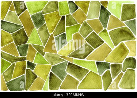 Abstract watercolor background of mosaic or cobblestone pattern with irregular shapes. Warm palette features shades of green, olive green, and khaki. Stock Photo