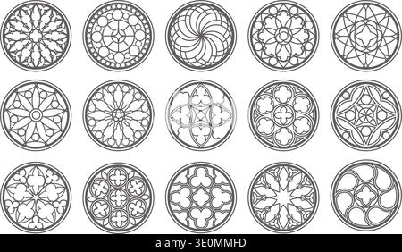 Gothic stained glass window with ornate circular pattern and floral rosette design for church architecture projects and vintage decorative elements Stock Vector