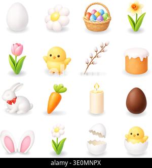 Easter icon collection. Eggs, bunny, chick, flowers and basket. Cute 3D vector illustration set isolated on white background Stock Vector