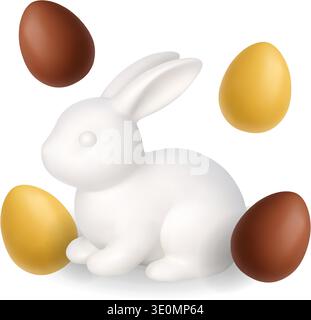 White bunny with golden and chocolate eggs. 3D Easter realistic illustration Stock Vector