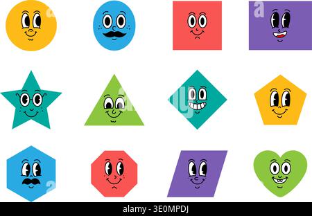 Colorful geometric shapes with cute cartoon faces. Fun vector characters for kids designs and educational themes. Stock Vector