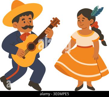 Mexican couple dancing in traditional dress. Flat cartoon vector for culture, music and celebration designs Stock Vector