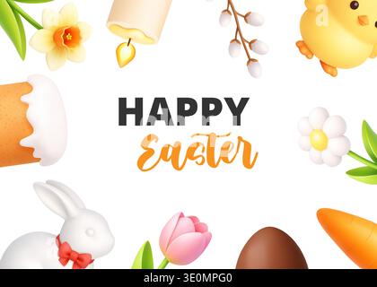Happy Easter card with bunny, flowers and festive elements. 3D spring composition Stock Vector