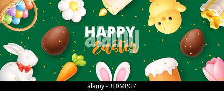 Green Easter background with rabbit, chocolate eggs, carrot and flowers decorated with confetti. Perfect 3D banner for holiday greetings and seasonal Stock Vector