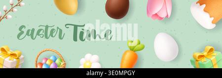 Easter Time banner with bunny, basket, gifts and spring elements. Festive 3D holiday background Stock Vector